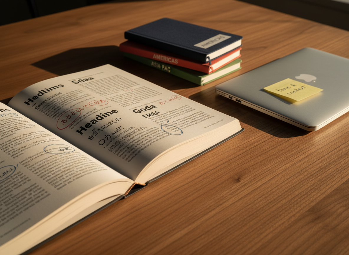 An open hardcover brand narrative book with thick, uncoated ivory pages lies flat on a warm walnut table, its spread filled with precisely set multilingual headlines and annotated margin notes in different ink colors. Beside it, a set of slim, color-coded notebooks labeled with various regions is stacked in a staggered arrangement, their cloth covers in deep navy, terracotta, and forest green. A slim laptop, closed, rests nearby with a single adhesive note labeled “tone & context” on its brushed aluminum lid. Late afternoon golden light streams in diagonally, casting long, soft shadows and highlighting the paper’s texture. Photographic realism, shot at a low, side angle with shallow depth of field for an intimate, reflective mood that emphasizes careful cross-cultural storytelling craft.