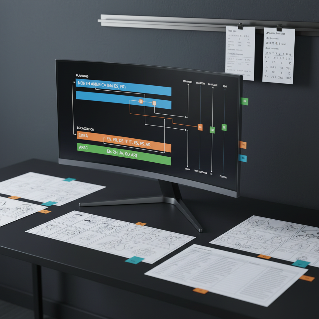 A sleek, ultrawide computer monitor on a minimalist black desk displays a complex content workflow diagram with color-coded lanes for regions and languages, rendered in clean vector lines. Around the monitor, printed storyboards and translation glossaries are neatly arranged on the matte surface, each page marked with subtle adhesive tabs in coordinated tones of teal, amber, and slate. A dark charcoal wall behind the desk holds a single magnetic rail with pinned linguistic reference cards. Cool, indirect studio lighting washes the scene, creating soft reflections on the screen and a focused, professional atmosphere. Photographic realism, shot from a slightly elevated three-quarter angle with moderate depth of field, emphasizing structure, order, and the sophistication of narrative systems planning.