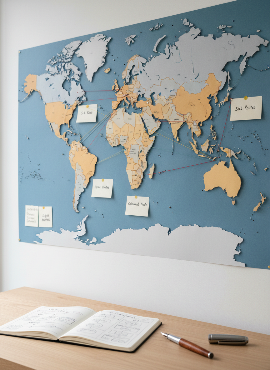 A large, meticulously organized world map made of layered matte paper in muted blues, ochres, and soft grays stretches across a clean white studio wall. Delicate colored threads connect key cities to small, labeled note cards made of textured ivory stock, symbolizing stories traveling across markets. On a light oak desk below, an open notebook filled with tidy diagrams and localization notes lies beside a brushed metal fountain pen. Soft, diffused daylight from an unseen window creates even illumination with gentle, natural shadows, producing a calm, strategic atmosphere. Photographic realism, shot at eye level with a slight wide angle, using shallow depth of field to keep the central map in sharp focus while softly blurring the desk edges, conveying clarity, precision, and thoughtful global narrative design.