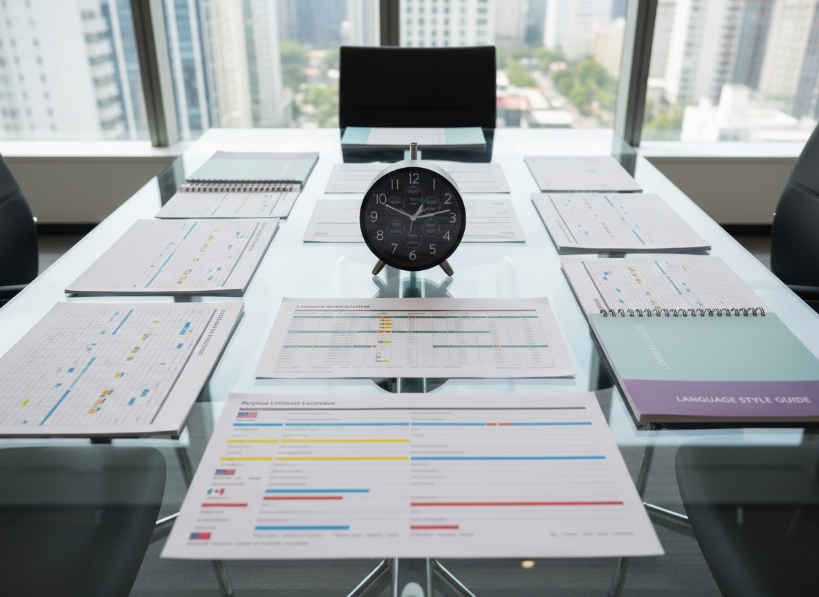 A glass conference table in a modern office setting is covered with neatly spaced localization assets: printed content matrices, language style guides, regional content calendars, and a central world clock displaying multiple time zones on a matte black dial. Each document is meticulously aligned, featuring subtle color accents that distinguish markets and channels. The background reveals a blurred city skyline through floor-to-ceiling windows, suggesting international reach. Bright but diffused daylight backlights the documents, creating crisp edges and faint overlapping shadows on the glass surface. Photographic realism, captured from a high, almost overhead angle with sharp focus across the frame, producing a clear, analytical, and professional mood that communicates the complexity and order of scaling narratives globally.